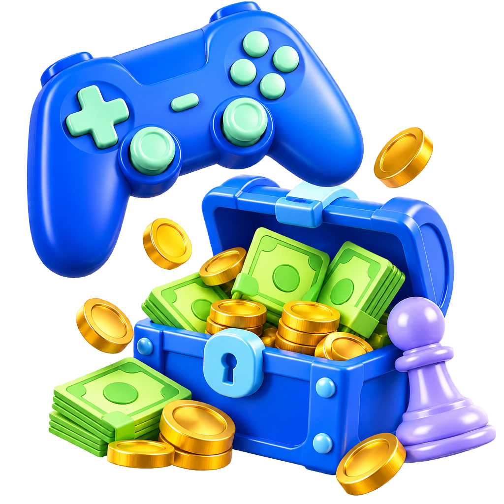 Glossy game controller with a treasure chest full of rewards