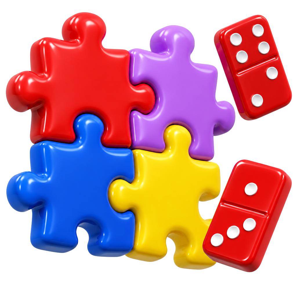 Colorful glossy puzzle pieces and dominoes
